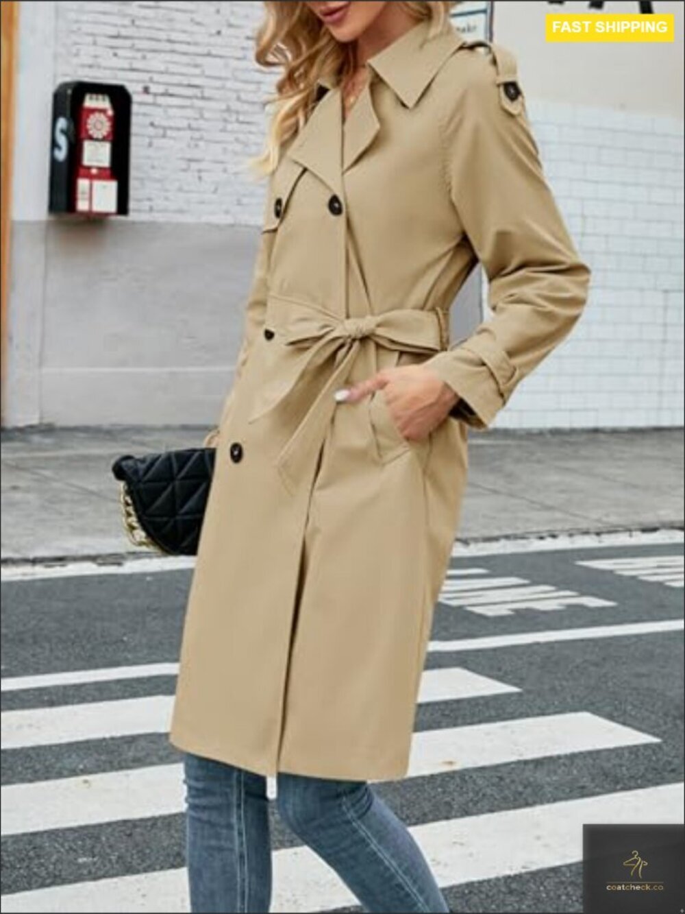 Double Breasted Trench Coat Classic Lapel Slim Fit Windproof Elegant Overcoat - Picture 2 of 7